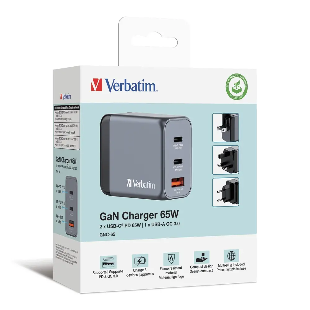 Зарядно устройство, Verbatim GNC-65 GaN Charger 3 Port 65W USB A/C (EU/UK/US) - image 5