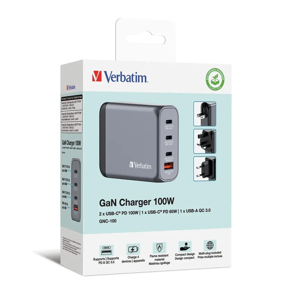 Зарядно устройство, Verbatim GNC-100 GaN Charger 4 Port 100W USB A/C (EU/UK/US) - image 4