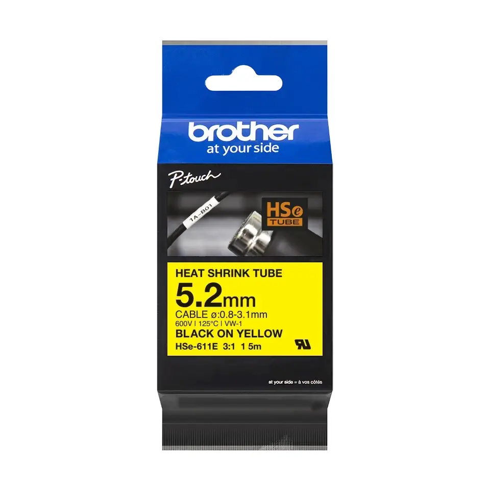 Consumabil, Brother HSe-611E 5.2mm Negru pe galben Bandă termocontractibilă