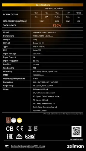 Zalman sursă de alimentare PSU GigaMax III ATX 3.0 850W Bronze - ZM850-GV3 - 22