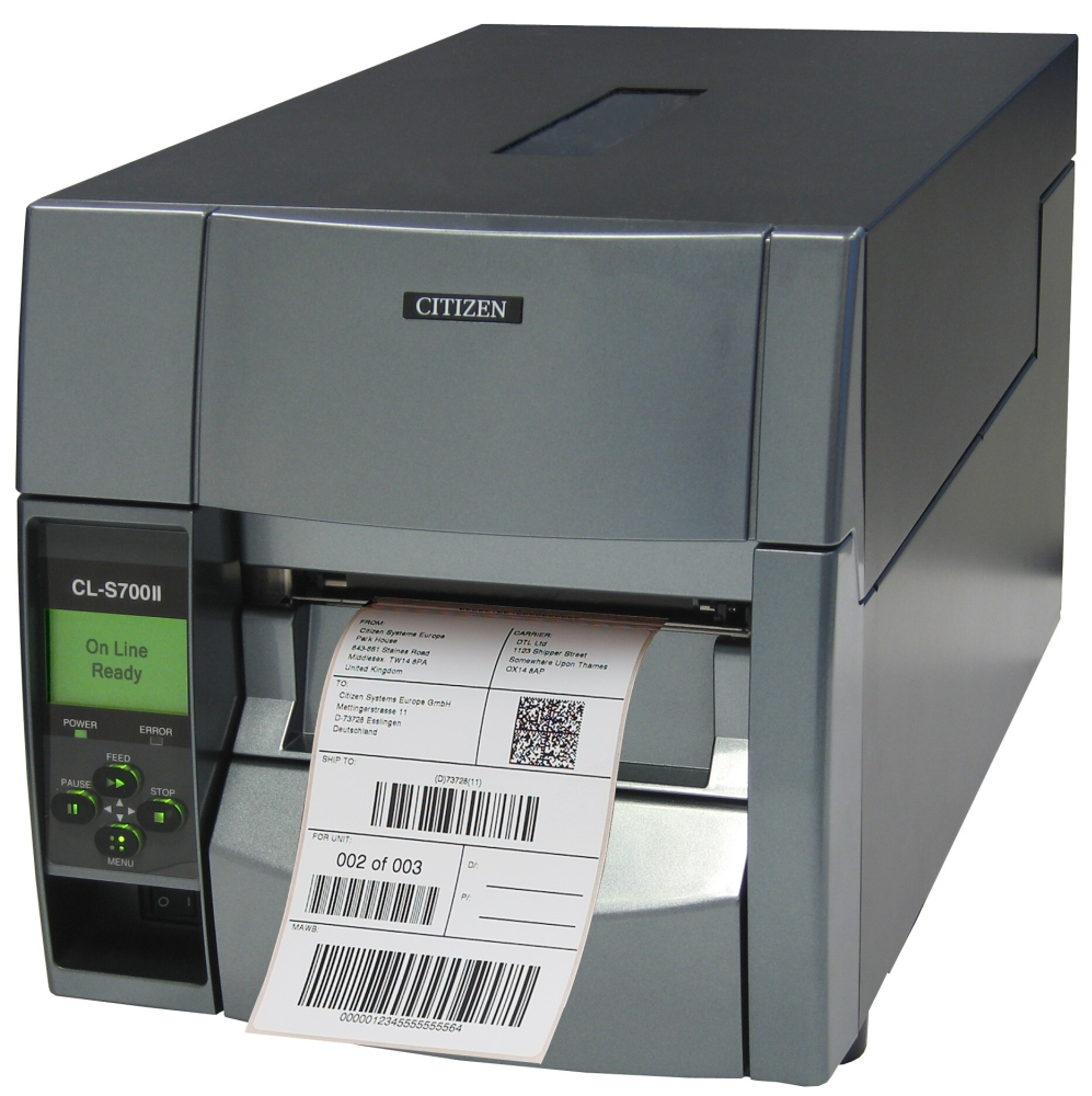 Етикетен принтер, Citizen Label Industrial printer CL-S700IIDT Direct Print with 32 000 labels, Speed 200mm/s, Print Width 4"(104mm)/Media Width min-max (12.5-118mm)/Roll Size max 200mm, Core Size(25-75mm), Resol.203dpi/Interf.USB/RS-232+Opt.card LinkServer/Plug (EU) Grey