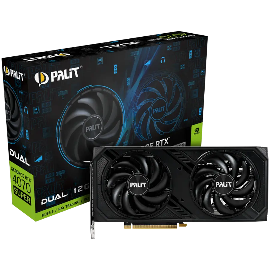 Palit RTX 4070 Super Dual 12GB GDDR6X, 192 bit, 1x HDMI 2.1a, 3x DP 1.4a, 2 Fan, 1x 16-pin Power connector, recommended PSU 750W, NED407S019K9-1043D