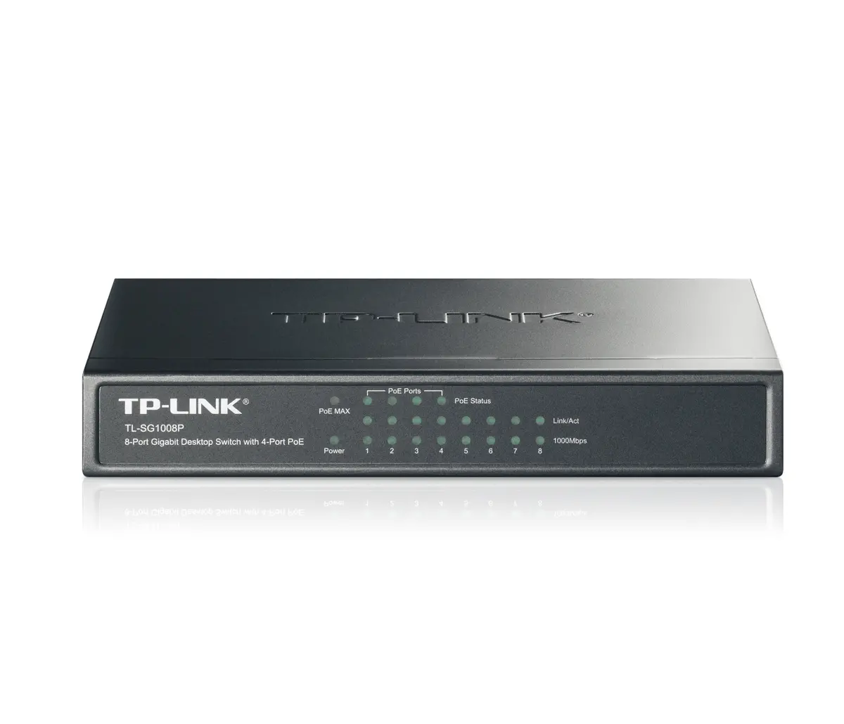 TP-Link TL-SG1008P Switch Gigabit de birou cu 8 porturi și 4 porturi PoE+, sursă de alimentare PoE 64W, suportă putere PoE de până la 30 W pentru