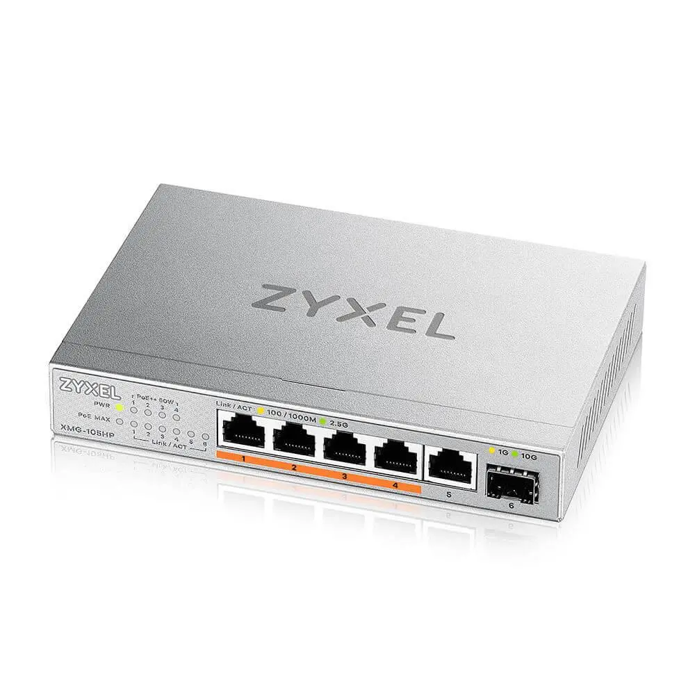 Switch, ZyXEL XMG-105 5 θύρες 2,5G + 1 SFP+, 4 θύρες συνολικά 70W PoE++ Desktop MultiGig unmanaged Switch