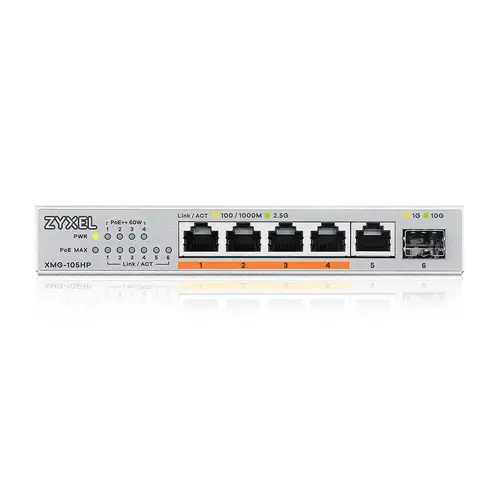 Комутатор, ZyXEL XMG-105 5 Ports 2,5G + 1 SFP+, 4 ports 70W total PoE++ Desktop MultiGig unmanaged Switch - image 1