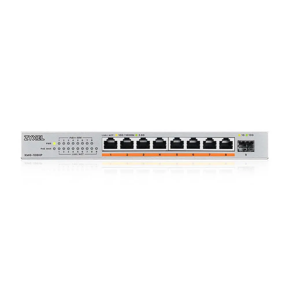 Switch, ZyXEL XMG-108 8 porturi 2,5G + 1 SFP+, 8 porturi 100W total PoE++ Desktop MultiGig unmanaged Switch - image 1