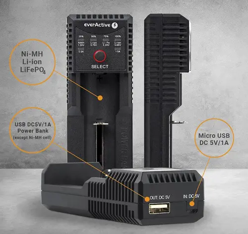 Зарядно устройство за LiIon/NiMh батерии 3,7v/1.2v универсално 1 гнездо USB micro UC-100 EverActive - image 4