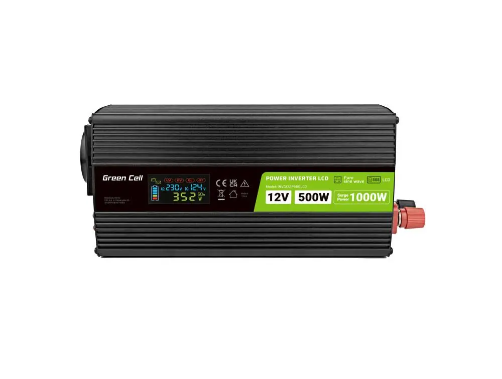 Инвертор GREEN CELL, 12/220V, DC/AC, 500W/1000W INVGC12P500LCD  LCD, Чиста синусоида - image 1