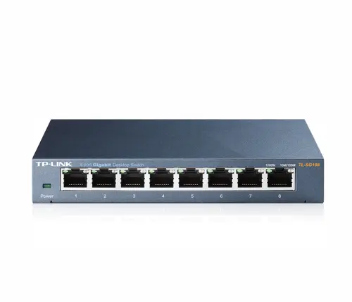 Switch TP-Link TL-SG108, 8-port Metal Gigabit Switch, 5 10/100/1000M RJ45 ports, supports GMP Snooping; IEEE 802.1p QoS; Plug and Play; metal case