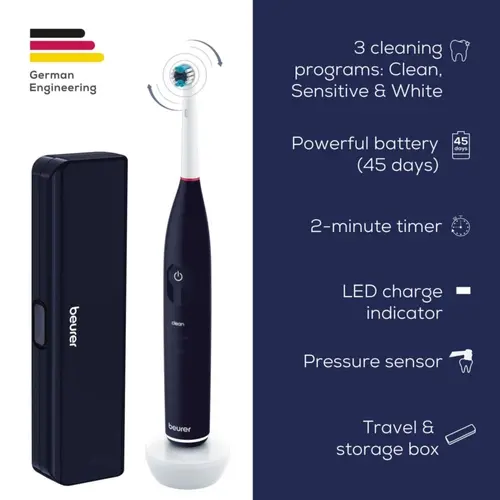 Електрическа четка за зъби, Beurer TB 50 Electric toothbrush; Integr. pressure sensor; 3 cleaning programs; 45 days Battery life; 2-min timer; Oscillating, pulsating, brushing technology; Incl. charger, USB cable with adapter, storage box & CBH; black - image 10