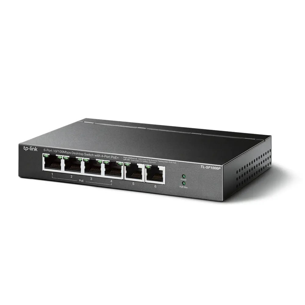 4-port 10/100Mbps Unmanaged PoE+ Switch with 2 10/100Mbps uplink ports, meta case, desktop mount, 4 802.3af/at compliant PoE+ port, 2 10/100Mbps uplink ports, DIP switches for Extend mode, Isolation mode and Priority mode, up to 250m PoE power supply - image 1