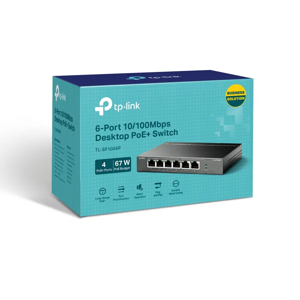 4-port 10/100Mbps Unmanaged PoE+ Switch with 2 10/100Mbps uplink ports, meta case, desktop mount, 4 802.3af/at compliant PoE+ port, 2 10/100Mbps uplink ports, DIP switches for Extend mode, Isolation mode and Priority mode, up to 250m PoE power supply - image 2