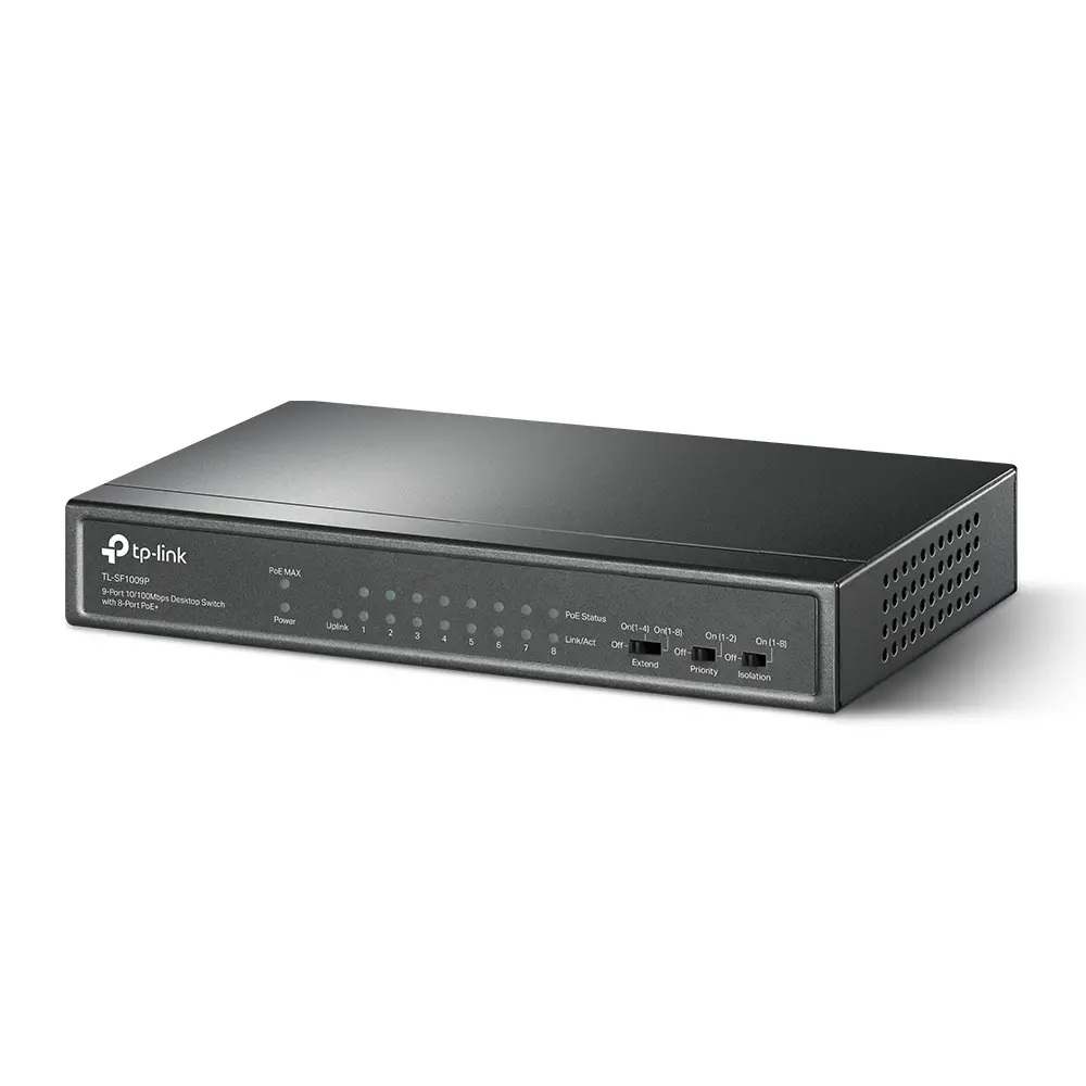 9-port 10/100Mbps unmanaged switch with 8 PoE+ ports, compliant with 802.3af/at PoE, 65W PoE budget, support 250m Extend Mode, Priority mode and Isolation mode, desktop mount, plug and play. - image 1