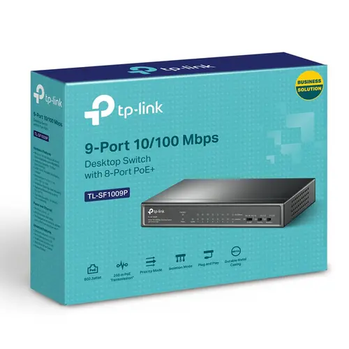 Switch unmanaged cu 9 porturi 10/100Mbps cu 8 porturi PoE+, compatibil cu 802.3af/at PoE, buget PoE 65W, suportă Extend Mode 250m, Priority mode - 6