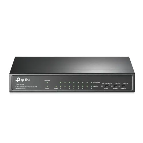 9-port 10/100Mbps unmanaged switch with 8 PoE+ ports, compliant with 802.3af/at PoE, 65W PoE budget, support 250m Extend Mode, Priority mode and Isolation mode, desktop mount, plug and play.