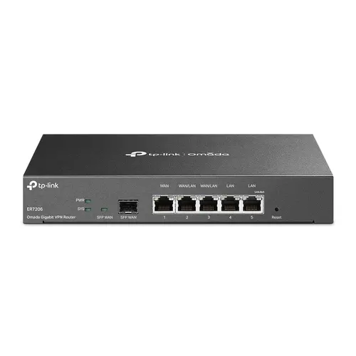 TP-Link ER7206 Omada Gigabit Multi-WAN VPN Router, 1× G SFP WAN Port, 1× G RJ45 WAN Port, 2× G WAN/LAN RJ45 Ports, 2× G RJ45 LAN port, 100 IPsec VPN Tunnels, 50 PPTP/L2TP VPN Tunnels, 50 OpenVPN Tunnels, 150000 Concurrent Sessions, Load Balance