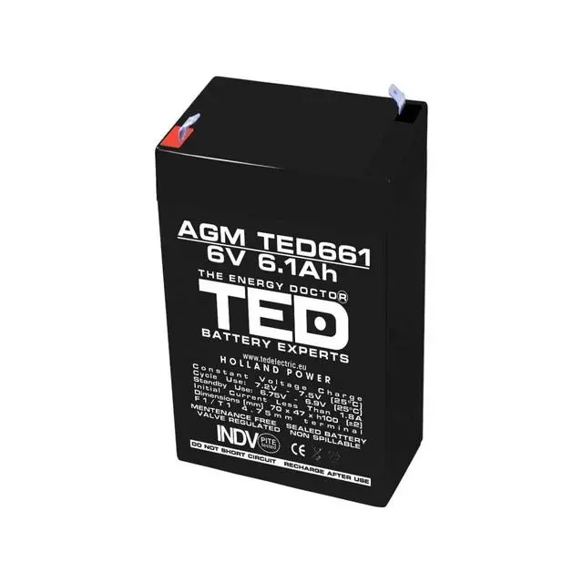 Μπαταρία μολύβδου TED ELECTRIC, 6V, 6.1Ah, 70/ 47/ 100 mm, AGM