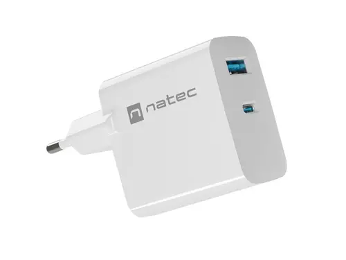 Адаптер, Natec USB Charger  Ribera Gan 1X USB-A + 1X USB-C 65W, White