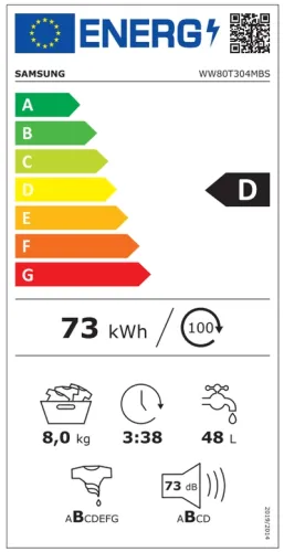 Пералня, Samsung WW80T304MBS/LE, Washing machine 8 kg, 1400 rpm, Slim, Energy Efficiency D, Spin Efficiency B, Digital Inverter Technology, Quick Wash, Drum Clean, silver, black door - image 8