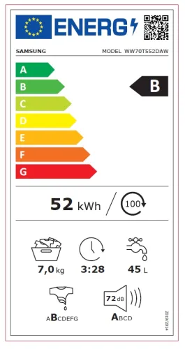 Пералня, Samsung WW70T552DAW/S7, Washing Machine, 7kg, 1200 rpm,  Energy Efficiency B, Add Wash,  AI Control, Eco Bubble, Hygiene Steam, Spin Efficiency B, WiFi, White, Black door - image 10