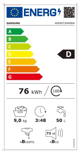Пералня, Samsung WW90T304MBW/LE, Washing machine 9 kg, 1400 rpm, Energy Efficiency D, Spin Efficiency B, Digital Inverter Technology, Quick Wash, Drum Clean, white, black door - image 1