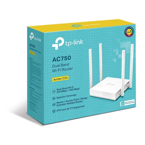 AC750 Wireless Dual Band Router, 433 at 5 GHz +300 Mbps at 2.4 GHz, 802.11ac/a/b/g/n, 1 port WAN 10/100 Mbps + 4 ports LAN 10/100 Mbps, 3 fixed antennas, L2TP Russia/PPTP Russia/PPPoE Russia support, IGMP Snooping/Proxy, Bridge and 802.1Q TAG VLAN, e - 4