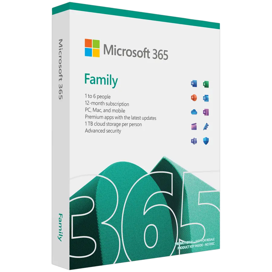 Програмен продукт, Microsoft 365 Family English EuroZone 1 License Medialess P10 1 Year Subscription