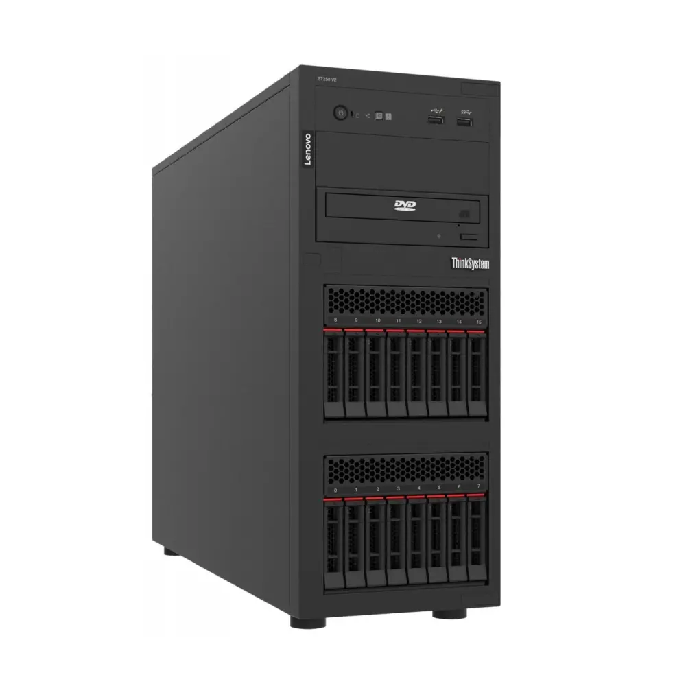 Сървър, Lenovo ThinkSystem ST250 V2 Xeon E-2356G (6C, 3.2GHz, 12MB Cache/80W), 1x32GB, O/B, 2.5" HS (8), 5350-8i, HS 750W Titanium, XCC Enterprise, No DVD