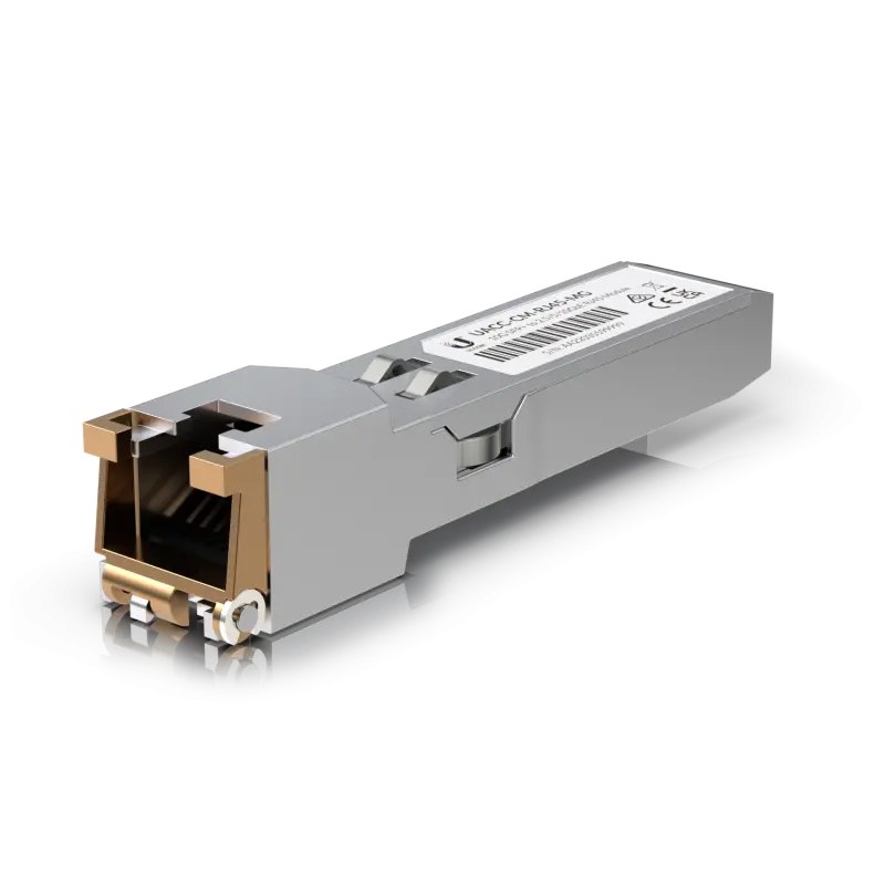 Ubiquiti UACC-CM-RJ45-MG SFP+ to RJ45 adapter, 1/2.5/5/10 GbE is a RJ45 transceiver that can be inserted into an SFP port in order to connect a copper Ethernet cable