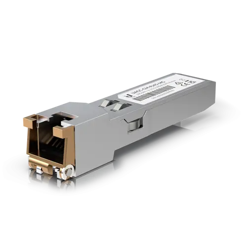 Ubiquiti UACC-CM-RJ45-MG SFP+ to RJ45 adapter, 1/2.5/5/10 GbE is a RJ45 transceiver that can be inserted into an SFP port in order to connect a copper Ethernet cable