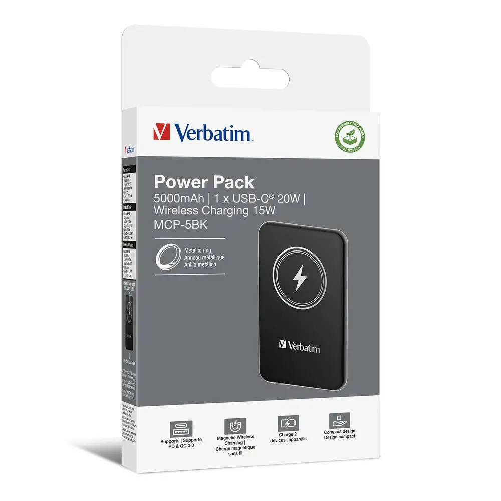 Външна батерия, Verbatim MCP-5BK Power Pack 5000 mAh with UBS-C PD 20W / Magnetic Wireless Charging 15W Black - image 3