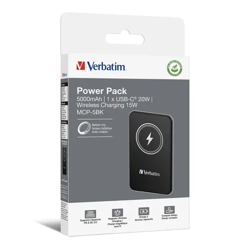 Външна батерия, Verbatim MCP-5BK Power Pack 5000 mAh with UBS-C PD 20W / Magnetic Wireless Charging 15W Black - image 3