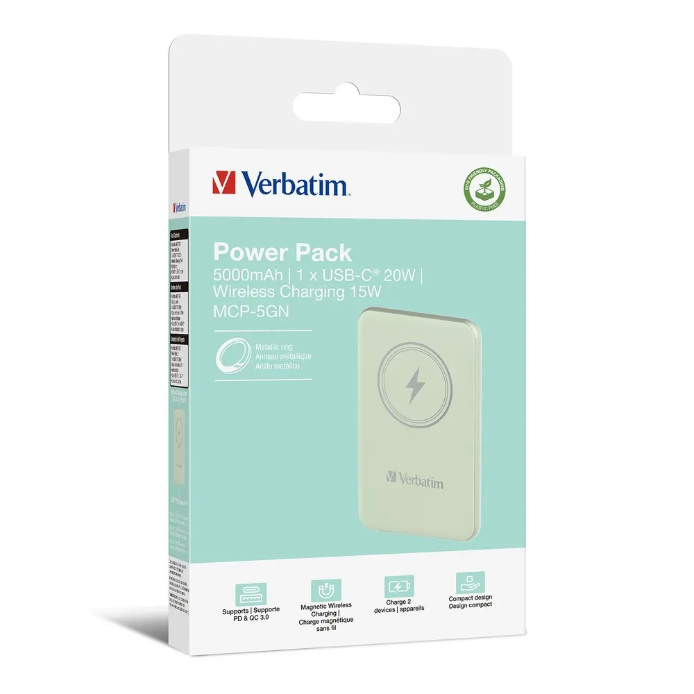 Външна батерия, Verbatim MCP-5GN Power Pack 5000 mAh with UBS-C PD 20W / Magnetic Wireless Charging 15W Green - image 3