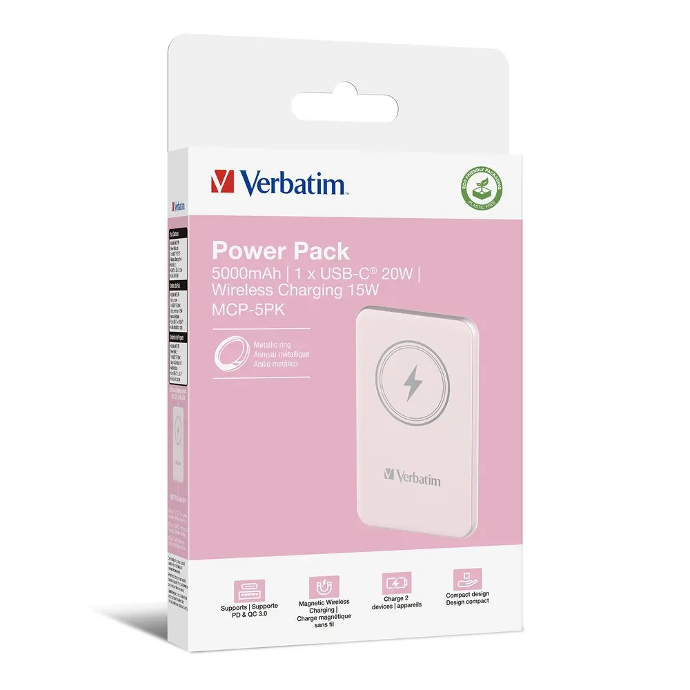 Външна батерия, Verbatim MCP-5PK Power Pack 5000 mAh with UBS-C PD 20W / Magnetic Wireless Charging 15W Pink - image 3