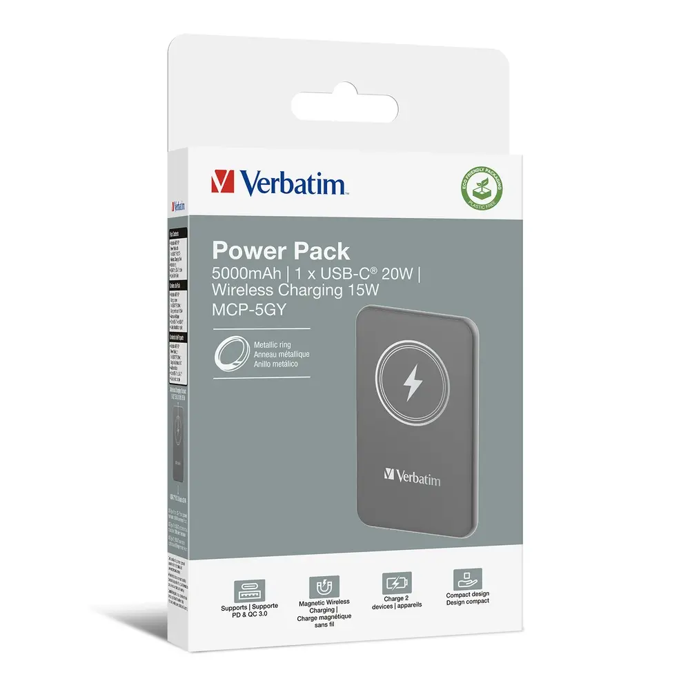 Външна батерия, Verbatim MCP-5GY Power Pack 5000 mAh with UBS-C PD 20W / Magnetic Wireless Charging 15W Grey - image 3