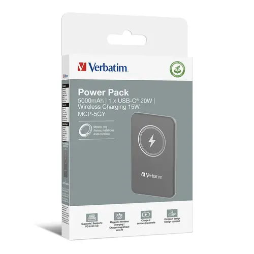 Външна батерия, Verbatim MCP-5GY Power Pack 5000 mAh with UBS-C PD 20W / Magnetic Wireless Charging 15W Grey - image 3