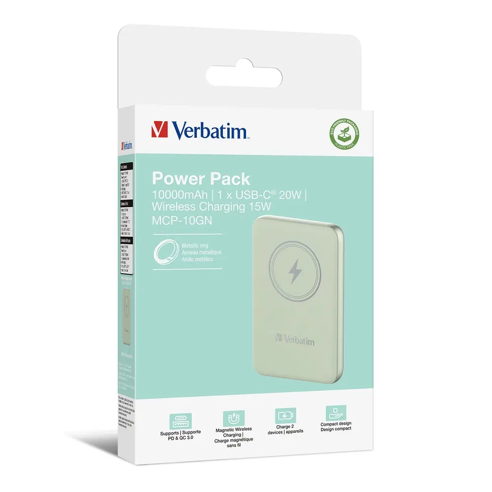 Външна батерия, Verbatim MCP-10GN Power Pack 10000 mAh with UBS-C PD 20W / Magnetic Wireless Charging 15W Green - image 3