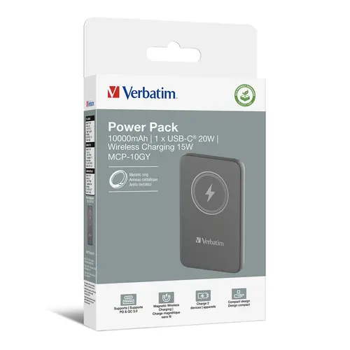 Външна батерия, Verbatim MCP-10GY Power Pack 10000 mAh with UBS-C PD 20W / Magnetic Wireless Charging 15W Grey - image 3