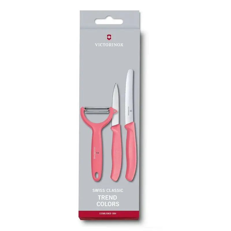 Set Victorinox Swiss Classic Trend Colors, două cuțite și curățător de legume, roz