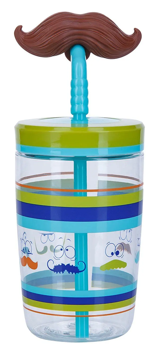 Παιδικό ποτήρι, 470 ml, Funny Straw, μπλε με μουστάκι