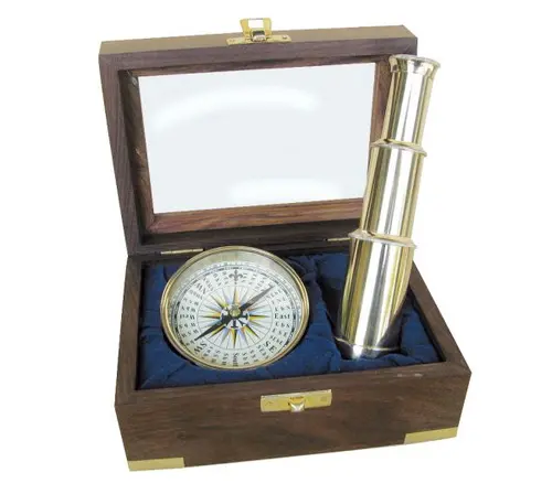 Set nautic, telescop și busolă în cutie de lemn - 1