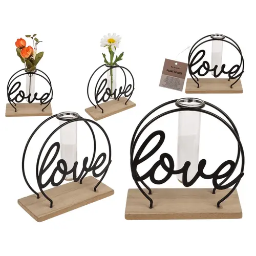 Suport metalic pentru flori cu bază din lemn Love - 1