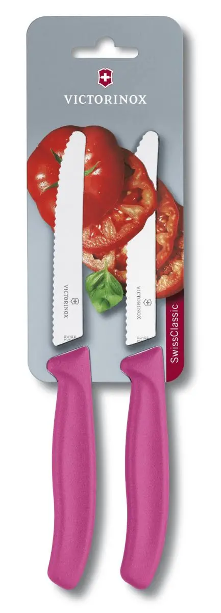 Set de două cuțite pentru roșii Victorinox Swiss Classic 11 cm, lamă zimțată, roz