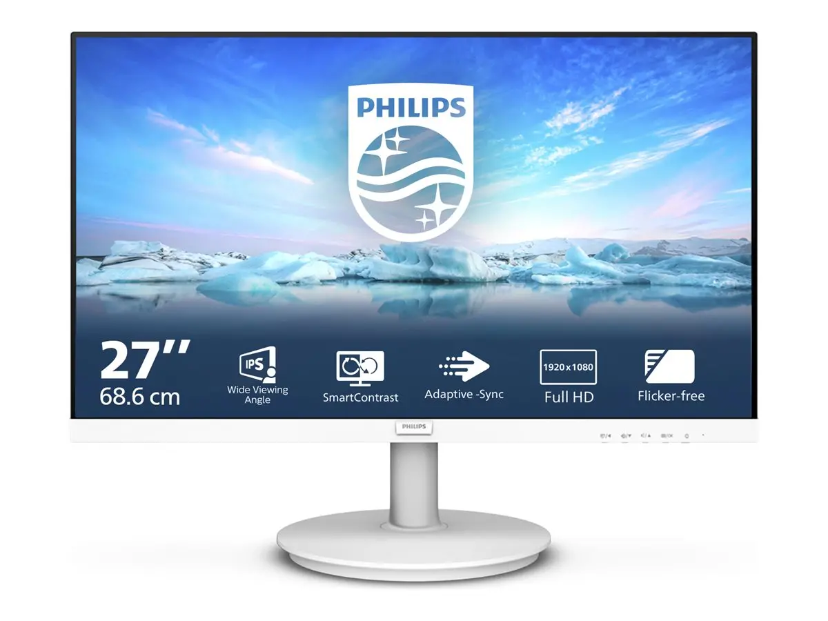 Монитор, Philips 271V8AW, 27" IPS WLED, 1920x1080@75Hz, 4ms GtG, 250cd m/2, 1000:1, Mega Infinity DCR, Adaptive Sync, FlickerFree, Low Blue Mode, 2Wx2, Tilt, D-SUB, HDMI, White - image 1