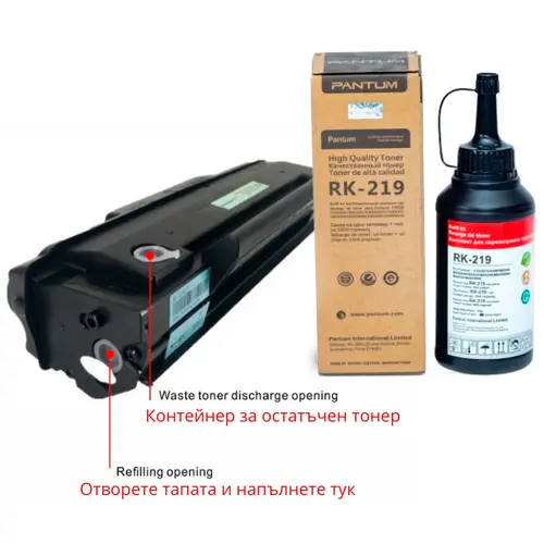 КОМПЛЕКТ ЗА РЕЦИКЛИРАНЕ НА КАСЕТИ PD-219 (PD219) ЗА PANTUM P2509/P2509W/M6509/M6509NW/M6559N/M6559NW/M6609NW - 1 БРОЙ ТОНЕР БУТИЛКА + 1 БРОЙ ЧИП - PN RK-219 (RK219) - image 2