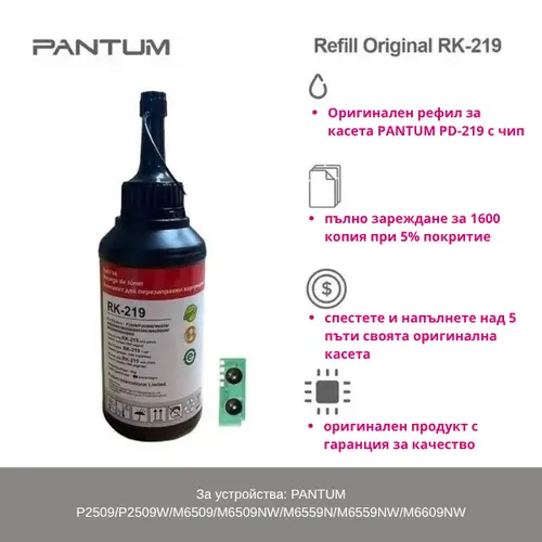 КОМПЛЕКТ ЗА РЕЦИКЛИРАНЕ НА КАСЕТИ PD-219 (PD219) ЗА PANTUM P2509/P2509W/M6509/M6509NW/M6559N/M6559NW/M6609NW - 1 БРОЙ ТОНЕР БУТИЛКА + 1 БРОЙ ЧИП - PN RK-219 (RK219) - image 3