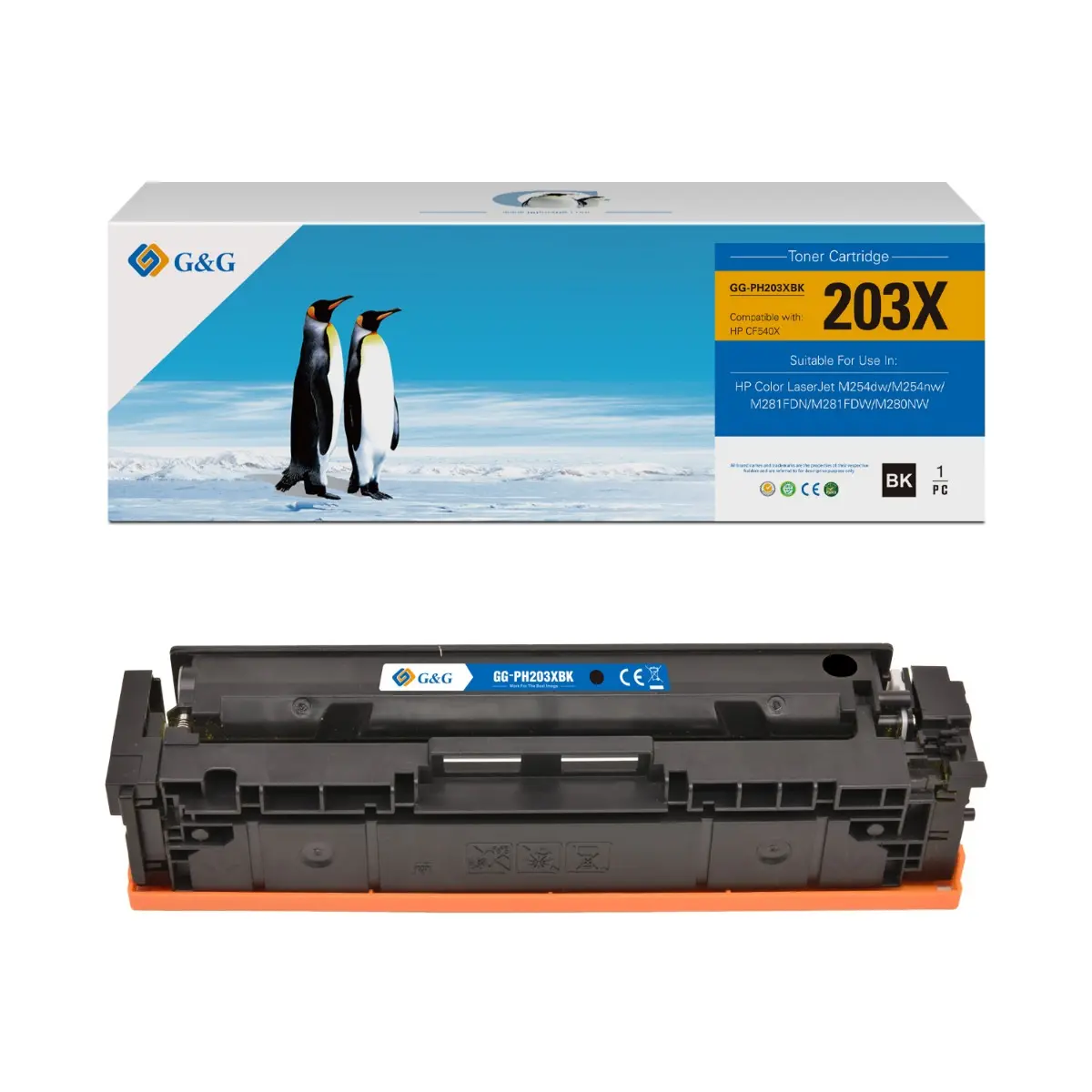 Cartuș toner, G&G NT-PH203XBK, Negru, capacitate mare – compatibil cu HP CF540X (203X), Color LaserJet M254DW/M254NW/Color LaserJet