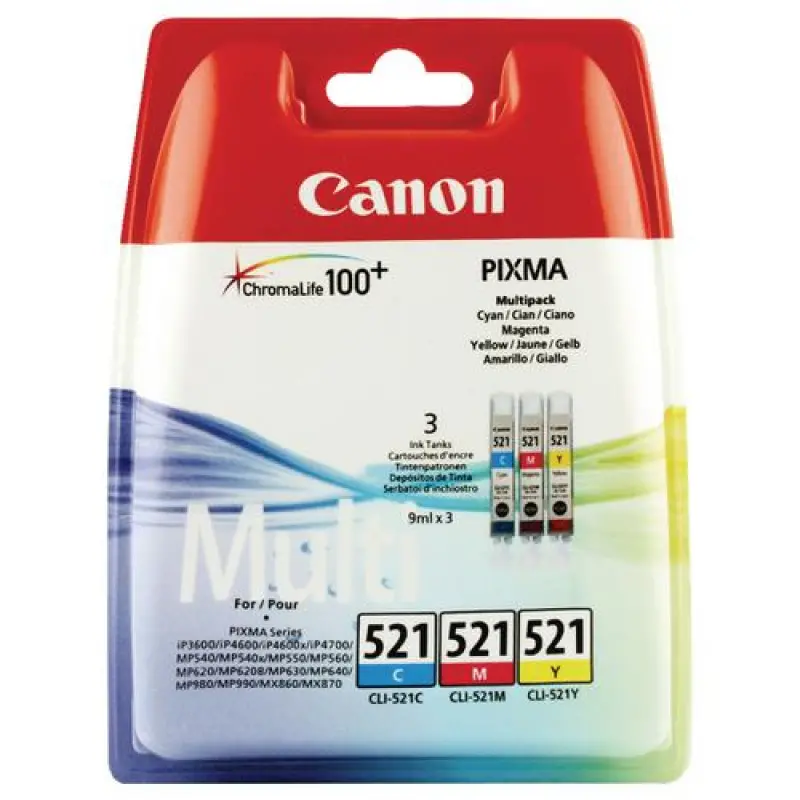 КОМПЛЕКТ 3 ГЛАВИ ЗА CANON PIXMA iP 3600/4600/MP 540/620/630/980 - Multi pack - 3 ink tanks - /521/ - CLI521C (CLI-521C) / CLI521M (CLI-521M) / CLI521Y (CLI-521Y) - PN 2934B010