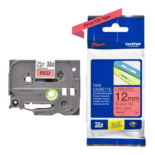 BANDĂ PENTRU IMPRIMANTE DE ETICHETE BROTHER TIP TZ - 12 mm x 8,0 m - BANDĂ NEGRU PE ROȘU - PN TZE431 (TZE-431) - 1