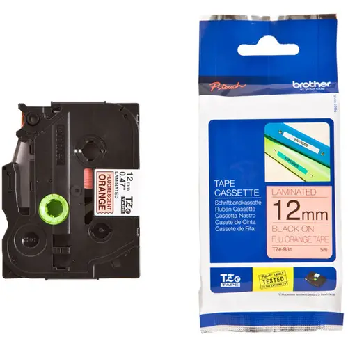 ЛЕНТА ЗА ЕТИКЕТНИ ПРИНТЕРИ BROTHER ТИП TZ - 12 mm x 5,00 m -  BLACK ON FLUORESCENT ORANGE - PN TZEB31 (TZE-B31)